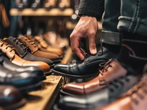 En hand justerar en svart lädersko. Flera par herrskor i olika färger och modeller visas upp i en butik. Viktigt att veta hur mycket utrymme i skor vuxen behöver.