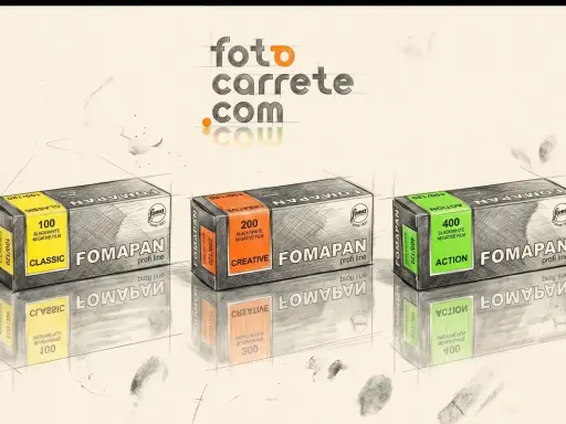 Tres tipos de carretes de fotos Fomapan: Classic 100, Creative 200 y Action 400, con sus cajas y reflejos.