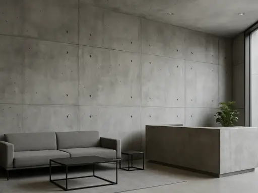 Nowoczesny salon z betonem architektonicznym. Sofa, stolik kawowy i recepcja tworzą minimalistyczną aranżację wnętrz.