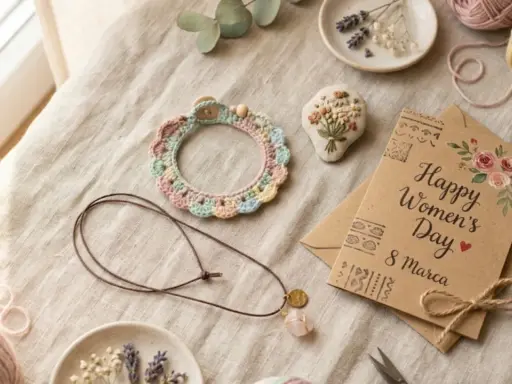 Kolorowa, szydełkowa aplikacja na bluzkę, naszyjnik z różowym kamieniem i kartka "Happy Women's Day" na lnianym tle.
