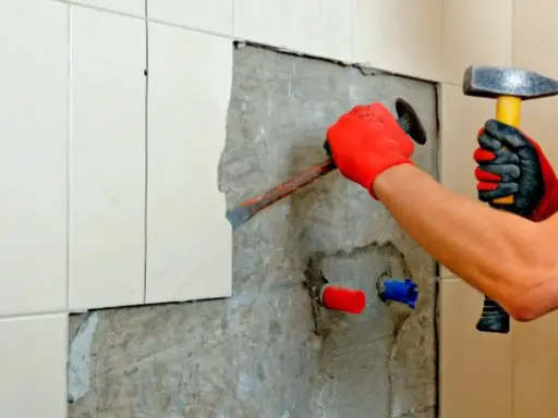 Man con guantes rojos usa un cincel y martillo para quitar azulejos y cemento de una pared.