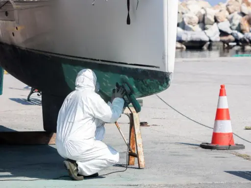 Person in Schutzanzug schleift den Rumpf eines Bootes. Die Arbeit am Boot schleifen erfordert Sorgfalt.