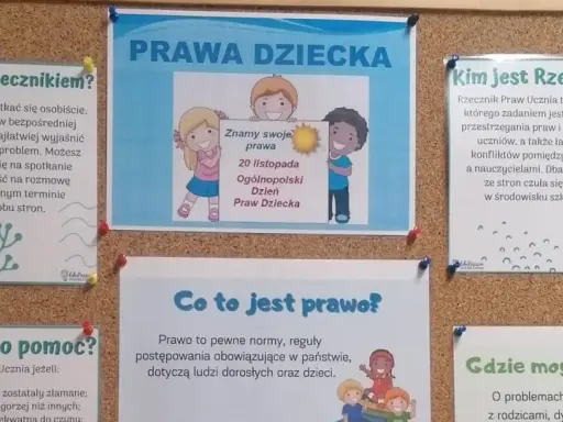 Plakat informuje o prawach dziecka i roli Rzecznika Praw Ucznia. Dzieci mogą zwrócić się o pomoc, gdy ich prawa są łamane.