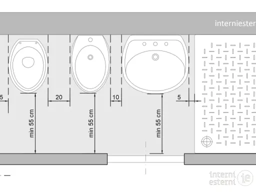 Pianta di un bagno di 4 mq con water, bidet, lavabo e piatto doccia. Misure minime per la disposizione degli elementi.