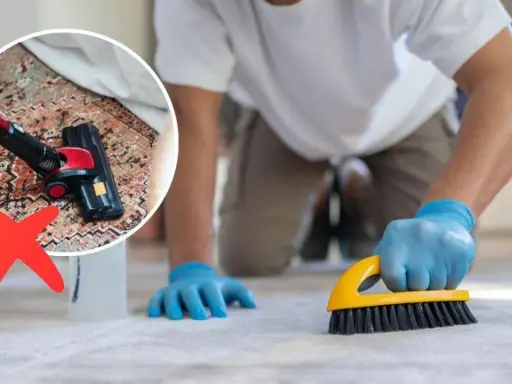 Hombre con guantes azules cepillando alfombra. Un círculo muestra aspiradora con cruz roja, indicando no aspirar. Limpiar alfombras en casa es más efectivo con cepillo.