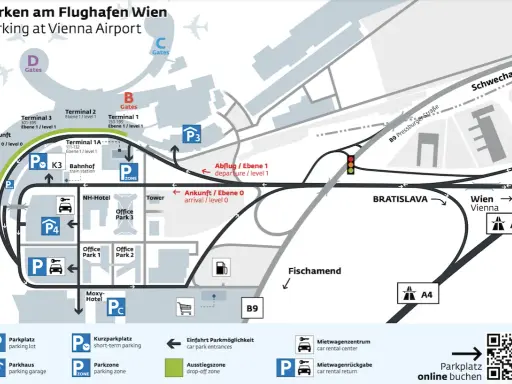 Mapa lotniska w Wiedniu z oznaczeniami parkingów, terminali i dróg. W weekend wiedeński parkowanie jest łatwe dzięki tej mapie.