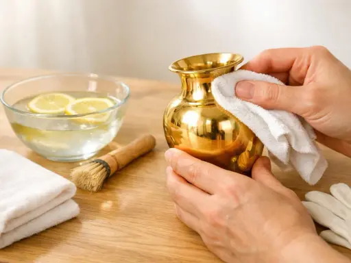 Comment nettoyer du laiton doré : une main frotte un vase doré avec un chiffon blanc. À côté, un bol d'eau citronnée, une brosse et des gants.