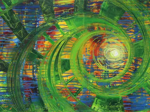 Abstrakte Kunst Epoche: Grüne Spiralen überlagern ein Mosaik aus Blau, Gelb und Rot. Ein Wirbel aus Farbe und Form.