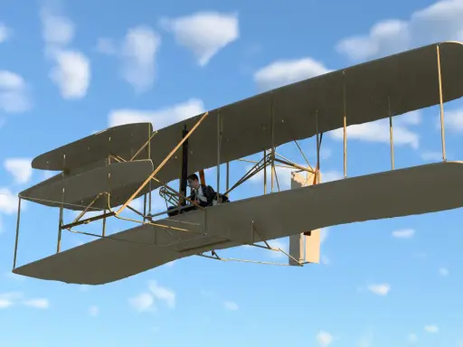 Das Flugzeug der Gebrüder Wright fliegt unter blauem Himmel mit Wolken. Ein Pilot sitzt im Cockpit.