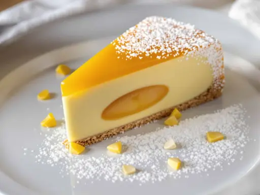 Tranche de cheesecake onctueux avec un cœur coulant et un glaçage jaune vif, saupoudrée de sucre glace. Des morceaux de fruit de la passion décorent l'assiette.