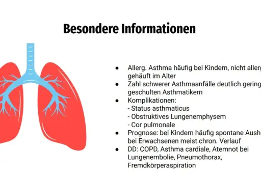 Lungenabbildung mit Informationen zu Asthma. Unterscheidung zwischen Asthma bronchiale und Asthma cardiale wird thematisiert.
