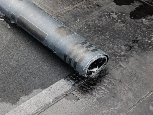 Rolka papy na zimno leży na mokrym dachu. Widać fragmenty czarnej papy i charakterystyczny wzór na rolce.