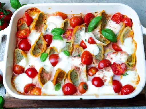 Herzhafter Maultaschen Auflauf mit Kirschtomaten und geschmolzenem Mozzarella, garniert mit frischem Basilikum.