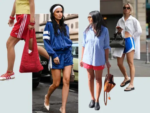 Four women showcase their sporty style in Adidas shorts and athletic-inspired outfits, blending comfort with fashion.