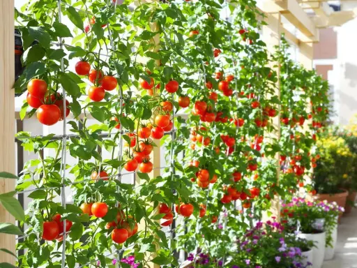 Des tomates sans tuteur grimpent sur un treillage, leurs grappes rouges éclatantes contrastant avec le feuillage vert luxuriant.