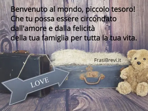 Auguri nascita semplici: un orsetto e valigie vintage, con freccia "LOVE". Benvenuto al mondo, piccolo tesoro!