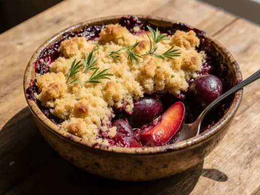 Ein gesunder Zwetschgen Crumble mit Rosmarin, serviert in einer rustikalen Schale auf Holz.