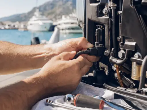Réparation d'un panne moteur électrique sur un bateau, avec des yachts en arrière-plan.