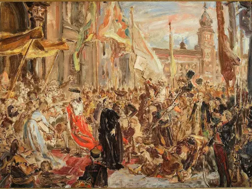 Obraz Matejki: tłum ludzi, postacie w strojach historycznych, flagi, budynek w tle.