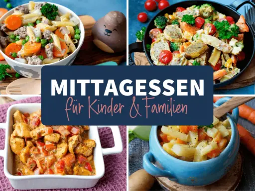 Vier leckere und gesunde Kindergerichte: Nudeln mit Hackfleisch, Gemüsepfanne, Hähnchen-Curry und Kartoffel-Gemüse-Eintopf.