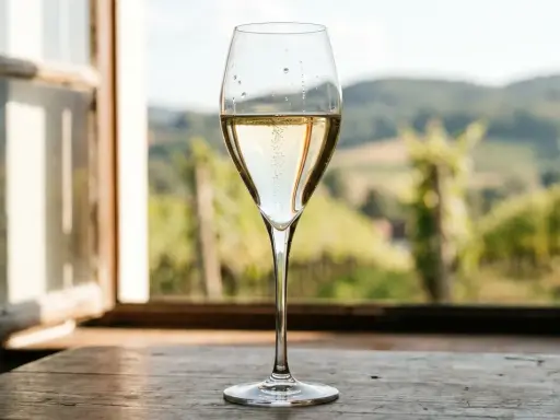 Ein Glas Champagner steht auf einem Holztisch vor einem Fenster mit Blick auf Weinberge. Der Alkoholgehalt von Champagner liegt typischerweise bei 12%.