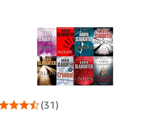 Copertine di libri di Karin Slaughter, tra cui "Triptych", "Fractured", "Undone", "Broken", "Fallen", "Criminal", "Unseen" e "The Kept Woman", disposti in ordine cronologico.