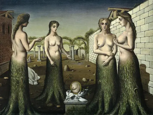 Four surreal figures, reminiscent of Paul Delvaux paintings, stand in a dreamlike landscape. Their lower bodies transform into tree trunks, their upper bodies bare.