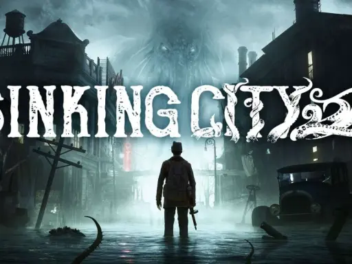 Mroczne miasto, zalane wodą, z przerażającym potworem w tle. Człowiek w kapeluszu stoi pośród ruin, przygotowany na walkę w **the sinking city**.