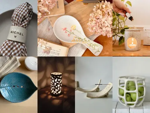 Objets artisanaux en argile : porte-serviette personnalisé, cuillère décorée, diffuseur, porte-savon feuille, lampe ajourée, repose-baguettes, panier à fruits. Une belle idée argile.