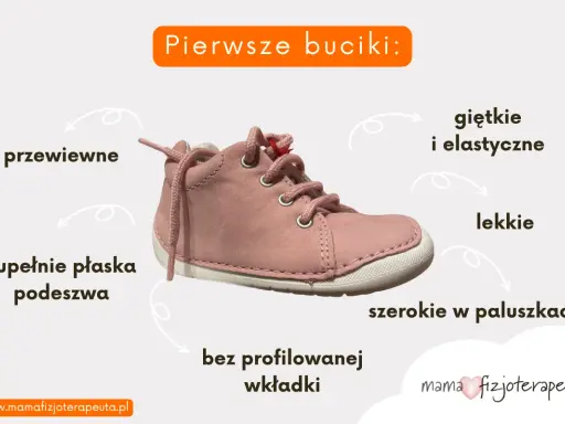 Różowe, pierwsze buciki dla dziewczynki: przewiewne, lekkie, szerokie w paluszkach, z płaską podeszwą i bez profilowanej wkładki.