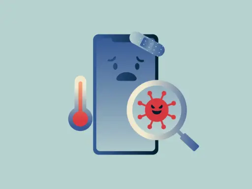 Trauriges Handy mit Pflaster und Fieberthermometer. Ein böser Virus wird unter dem Vergrößerungsglas entdeckt.