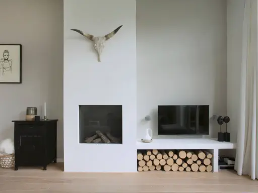 Un salon moderne avec une cheminée blanche épurée, un crâne de taureau, du bois de chauffage et une télévision. Un avant-après réussi pour relooker une cheminée.