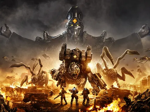 Żołnierze w zniszczonym mieście, przygotowują się do walki z potworami i gigantycznym robotem. W tle czai się złowrogi władca. To gra o przetrwanie i **gears tactics**.