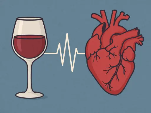 Kieliszek wina połączony linią EKG z sercem. Ilustracja symbolizuje związek między alkoholem a niewydolnością serca.