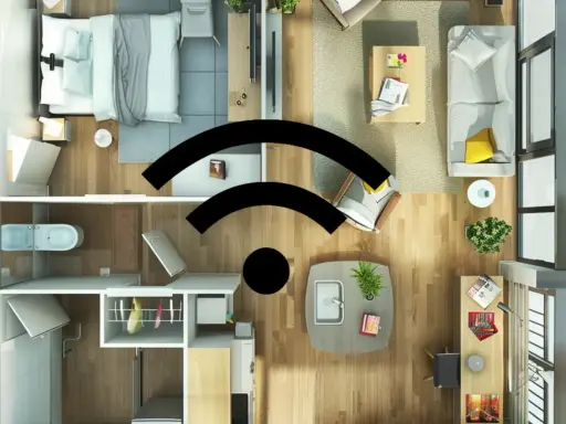 Grundriss einer Wohnung mit WLAN-Symbolen, die schlechtes WLAN andeuten. Was tun?