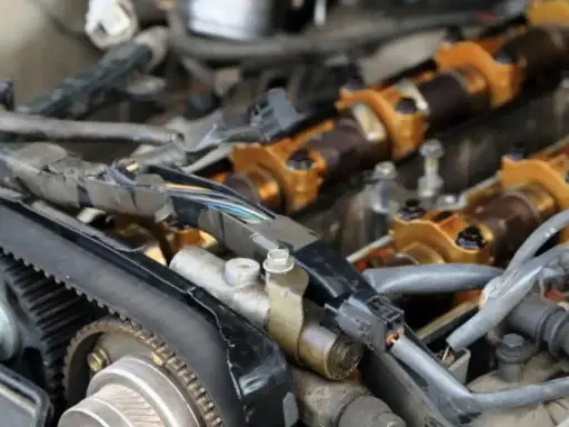 Motor de coche con correa de distribución y árbol de levas dorado. Se observa posible desgaste en el árbol de levas.