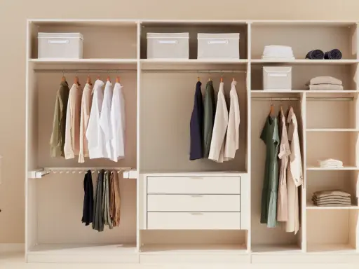 Ein aufgeräumter Kleiderschrank sortieren: Hemden, Hosen und Kleider hängen ordentlich an Kleiderbügeln. Stoffboxen und gefaltete Kleidung auf Regalen sorgen für Ordnung.