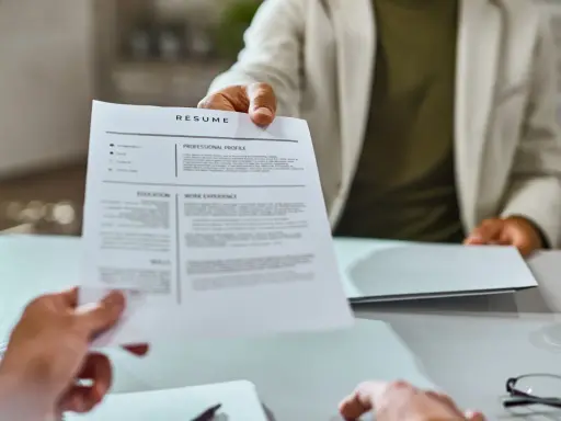 Osoba w jasnej marynarce podaje dokument CV.