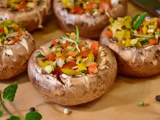 Champignons farcis aux poivrons colorés et herbes fraîches, prêts à être dégustés.