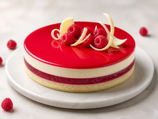 Entremet vanille et framboise, glacé rouge vif, décoré de fruits rouges et de copeaux de chocolat blanc.