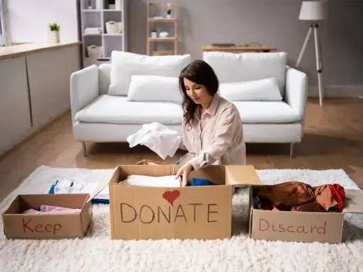 Donna fa decluttering, dividendo vestiti in scatole "Keep", "Donate" e "Discard".