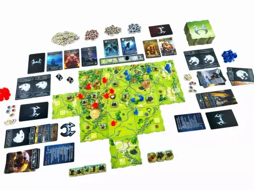 Plansza do gry **Northgard: Niezbadane Ziemie** z kartami, żetonami i figurkami.