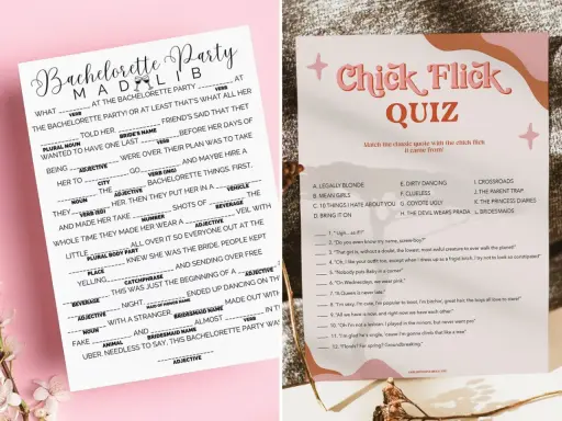 Juegos para despedida de soltera: un divertido juego de Mad Libs y un quiz de películas románticas para celebrar a la futura novia.