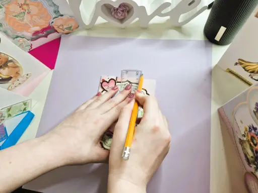 Manos midiendo con regla y lápiz para crear un sobre de papel A4.