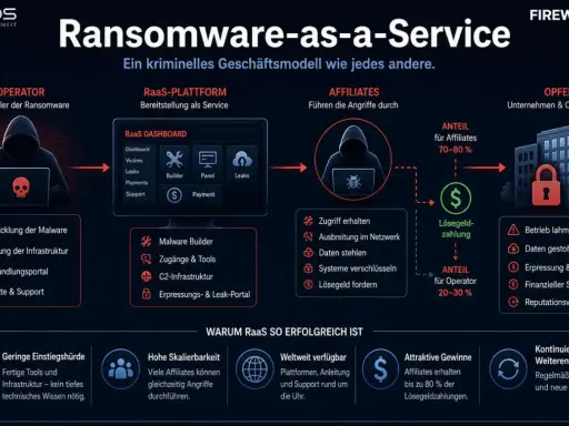 Ransomware-as-a-Service-Modell: Operator entwickelt Malware, Affiliates führen Angriffe aus, Opfer zahlen Lösegeld.