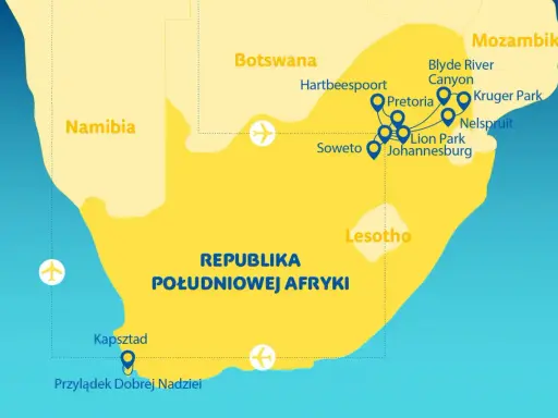 Mapa pokazuje Republikę Południowej Afryki, gdzie leży Kapsztad na południowym krańcu, blisko Przylądka Dobrej Nadziei.