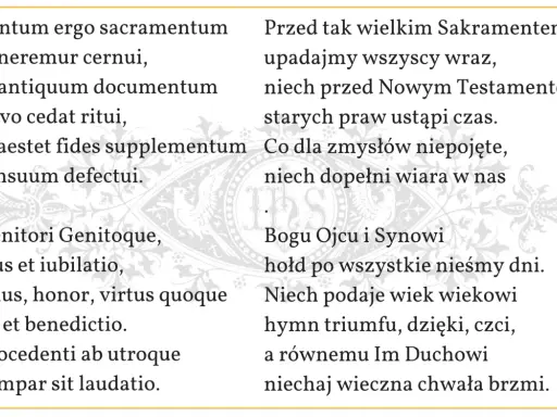 Tekst pieśni na wystawienie Najświętszego Sakramentu. "Tantum ergo sacramentum" i polskie tłumaczenie.