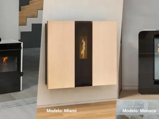 Modelos de estufas de pellets: Creta, Miami y Monaco. Descubre cómo funciona una estufa de pellets con estas opciones modernas.