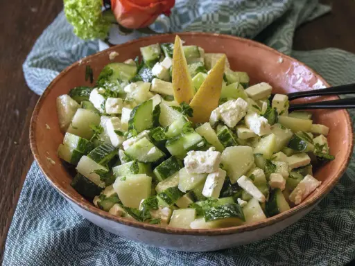Erfrischender sommerlicher Melonensalat mit Gurken und Feta, garniert mit Melonenstücken.