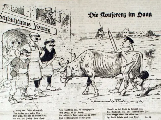 Karikatur: "Schlachthaus Young" zeigt Deutschland als Rind, das von Stresemann und anderen Nationen bedrängt wird. Ein junger Plan zur Konferenz in Den Haag.